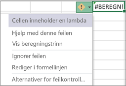 Feilmeldingen og rullegardinlisten for Lambda-feilen