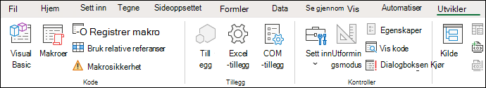 Skjermbilde som viser Kode-gruppen på Utvikler-fanen.