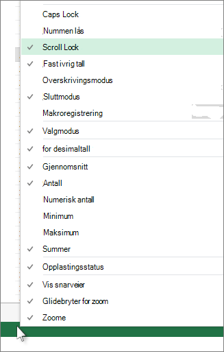Høyreklikk statuslinjen for å tilpasse