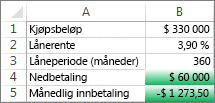 Celle B4 og B5 oppfyller betingelsene, slik at de formatert grønn