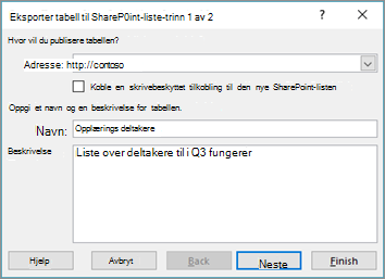 Veiviserdialogboksen for eksport til SharePoint