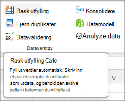 Skjermbilde som viser alternativet Rask utfylling på båndet.