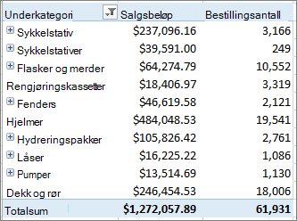 Pivottabell som viser elementene du drillet ned til