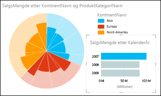 Power View-sektordiagram over salg etter kontinent med dataene for 2007 merket