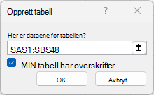 Vinduet Opprett tabell