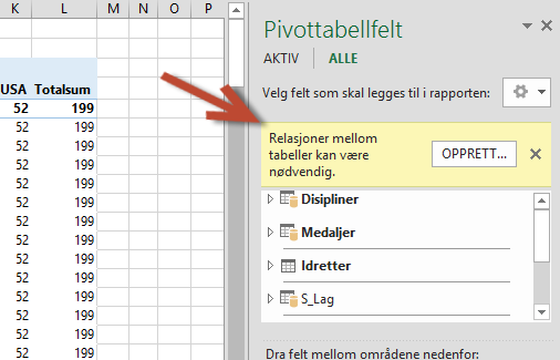 Relasjonsledeteksten OPPRETT...  under Pivottabellfelt