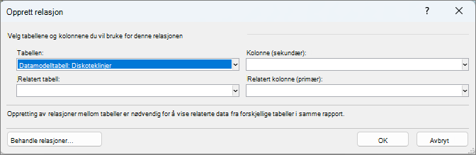Opprett relasjon-vinduet