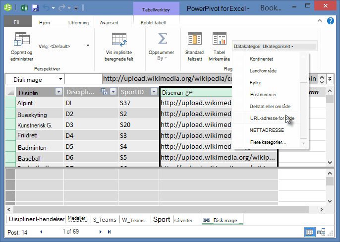 Angi datakategorien i PowerPivot