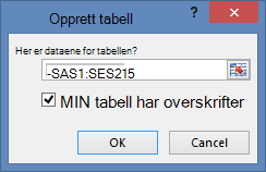 Opprett tabell-vinduet
