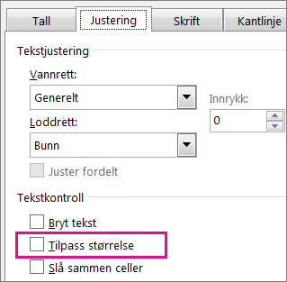 Tilpass størrelse i kategorien Justering i dialogboksen Formater celler