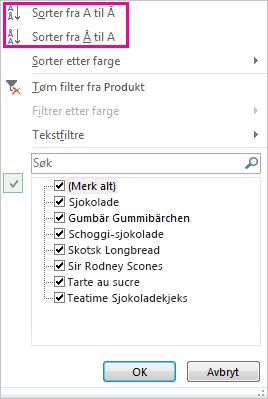 Sorteringskommandoer i galleriet Sorter og filtrer