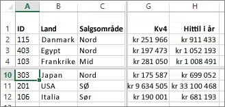 Dele rader og kolonner