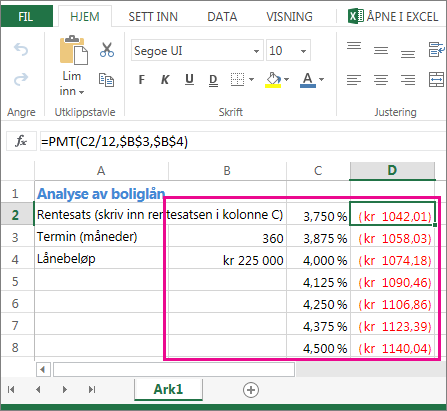 Dette utvalget av celler, B2-D8, er en datatabell