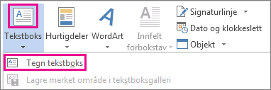 Tekstboks-menyen i Tekst-gruppen