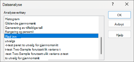 Skjermbilde som viser dataanalyseverktøy med regresjon valgt.