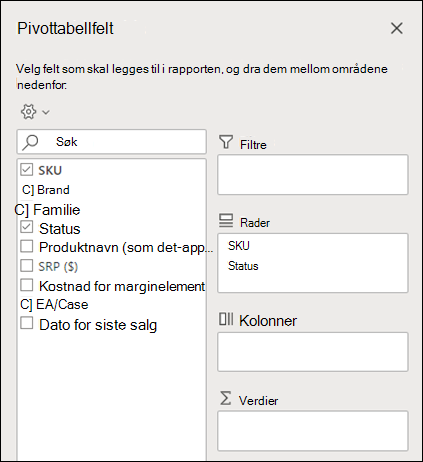 Pivottabellfelt i Excel på nettet