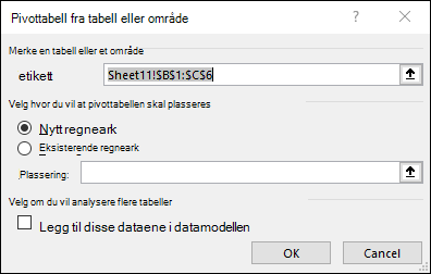 Pivottabell fra område eller tabell