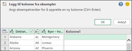 Power Query kombinerer kolonner fra eksempelruten