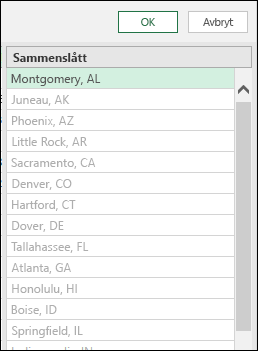 Power Query kombinerer kolonner fra eksempelresultatet fra flettede data