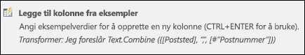 Power Query kombinerer kolonner fra eksempelformelen for egendefinert kolonne