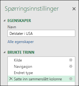 Power Query kombinerer kolonner fra eksempelvinduet for brukte trinn