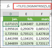 TILFELDIGMATRISE-funksjonen i Excel. TILFELDIGMATRISE(5;3) returnerer tilfeldige verdier mellom 0 og 1 i en matrise som er fem rader høy og tre kolonner bred.