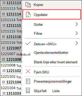 Oppdatere pivottabell