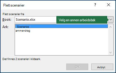 Skjermbilde som viser dialogboksen Slå sammen scenarioer.