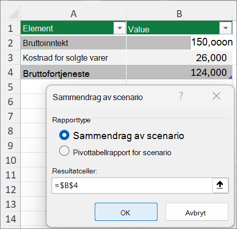 Skjermbilde som viser dialogboksen Sammendrag av scenario