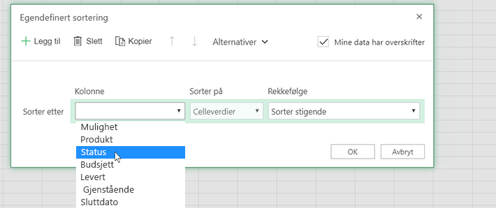 Velge en kolonne i dialogboksen for egendefinert sortering