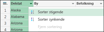 Skjermbilde som viser Velg sorteringsrekkefølge.