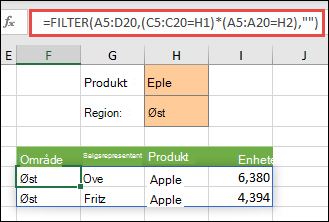 Bruk av FILTRER med multiplikasjonsoperatoren (*) til å returnere alle verdiene i matriseområdet (A5:D20) som har epler OG er i området øst.