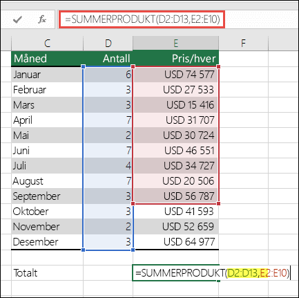 Skjermbilde som viser SUMMERPRODUKT-formelen som forårsaker en feil er =SUMMERPRODUKT(D2:D13,E2:E10) – E10 må endres til E13 for å samsvare med det første området.