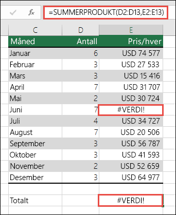 Skjermbilde som viser formelen i celle E15 viser en #VALUE! feil fordi det er en #VALUE! feil i kolonne E.