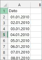 Datokolonne i Excel