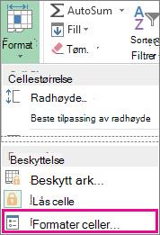 Format-knapp og Formater celler-knappen på menyen i kategorien Hjem
