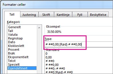 Egendefinert format for å vise negative prosentdeler i rødt