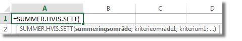 Bruke autofullføring av formel for å skrive inn SUMMER.HVIS.SETT-funksjonen