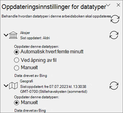 Oppdater innstillinger-ruten for datatyper.