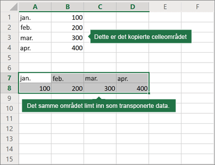 Et eksempel på Lim inn og transponer
