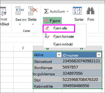 Skjermbilde som viser Fjern alle-kommandoen i Redigering-gruppen.