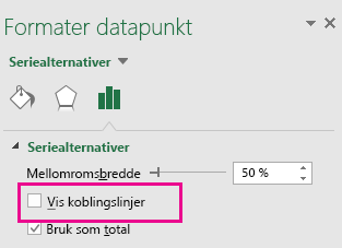 Oppgaveruten Formater datapunkt uten at det er merket av for Vis koblingslinjer i Office 2016