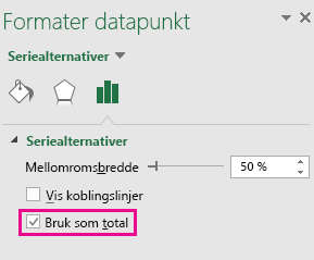 Oppgaveruten Formater Datapunkt med alternativet Sett som totalt markert i Office 2016 for Windows