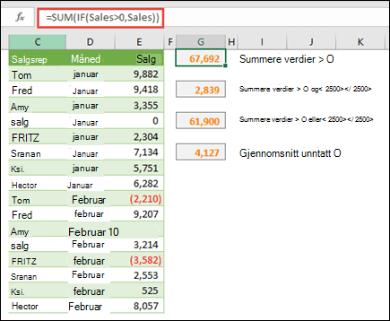 Du kan bruke matriser til å beregne basert på bestemte betingelser. =SUMMER(HVIS(Salg>0,Salg)) summerer alle verdier som er større enn 0, i et område kalt Salg.
