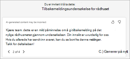 Copilot genererer automatisk en foreslått invitasjonstekst. Du kan redigere teksten her eller velge Omskriv med Copilot for å be den om å generere en ny versjon.