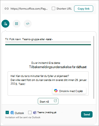 Du kan sende skjemaet på flere måter fra skjermbildet Send og samle inn svar.