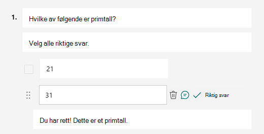 Tilpasset riktig svarmelding i Microsoft Forms
