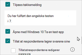 Innstillinger for en test vil avsløre et alternativ for svar som er spesifikke for tester: Åpne med Windows 10 Ta en test