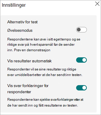 Veksler mellom for øvelsesmodus, vis resultater automatisk og vis svarforklaringer for respondenter vises bare for spørrekonkurranser.