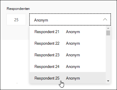 Skriv inn et bestemt nummer i respondentsøkeboksen for å se detaljene for den personens svar i Microsoft Forms